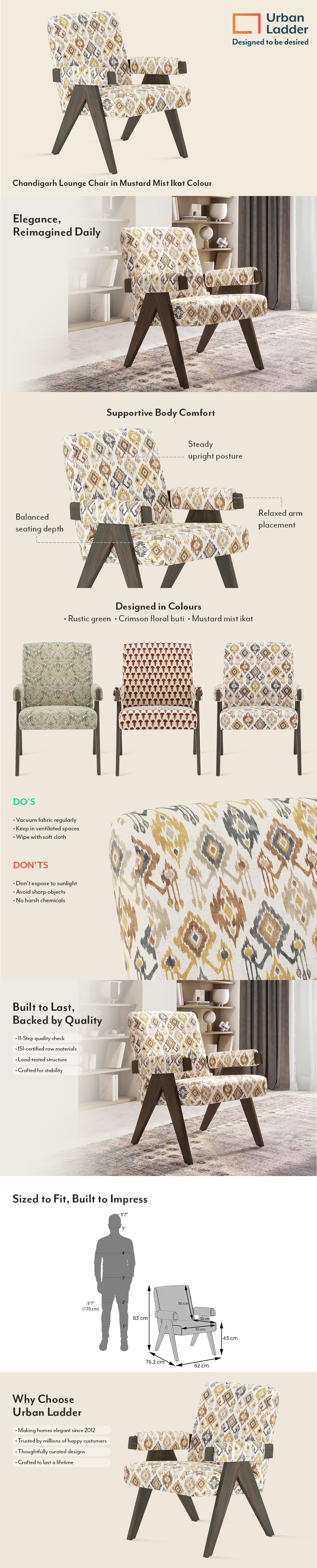 Chandigarh Fabric Lounge Chair in Mustard Mist Ikat Colour