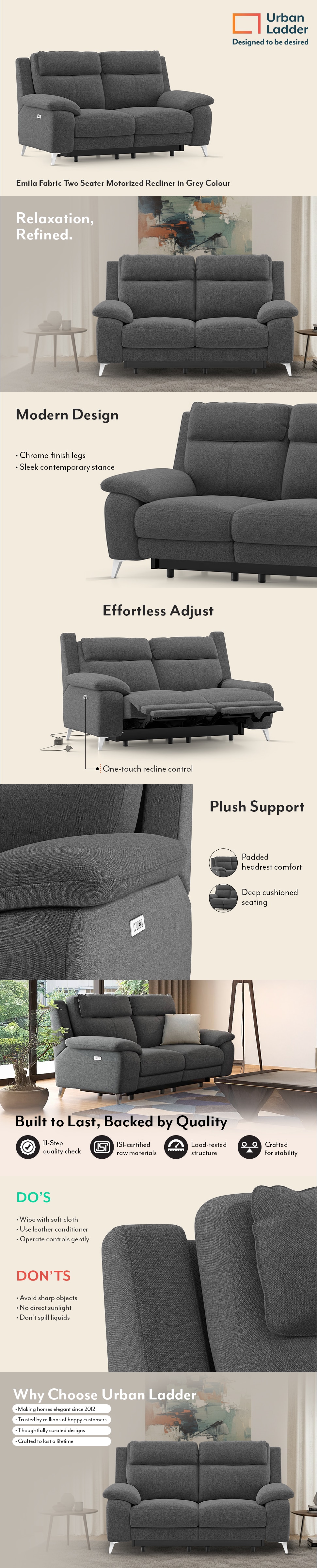 Emila Fabric Two Seater Motorized Recliner in Grey Colour