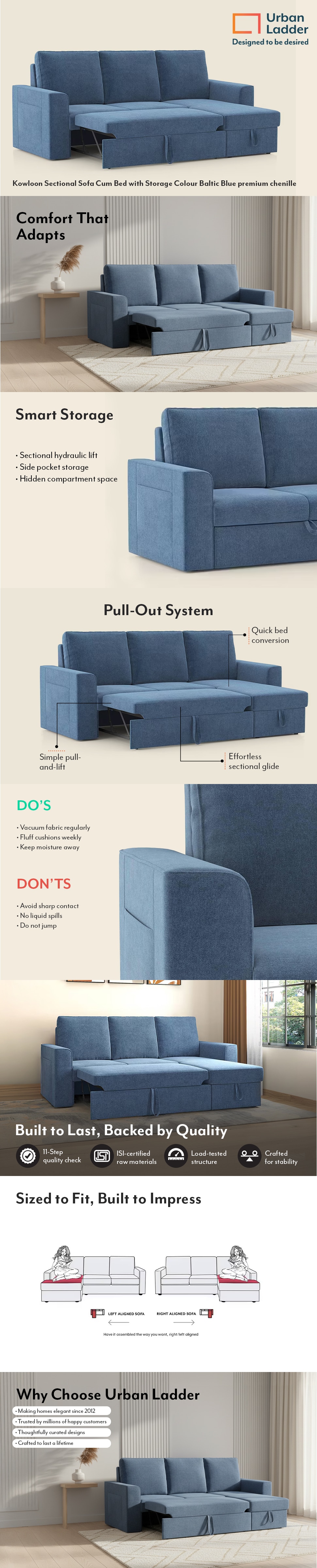 Kowloon Sectional Pull Out Sofa Cum Bed with Storage in Baltic Blue Colour