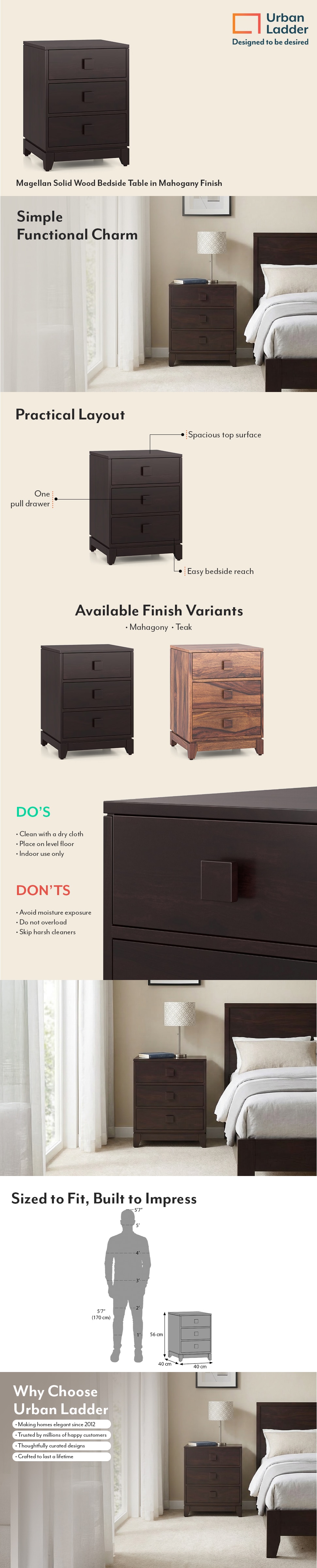 Magellan Solid Wood Bedside Table in Mahogany Finish