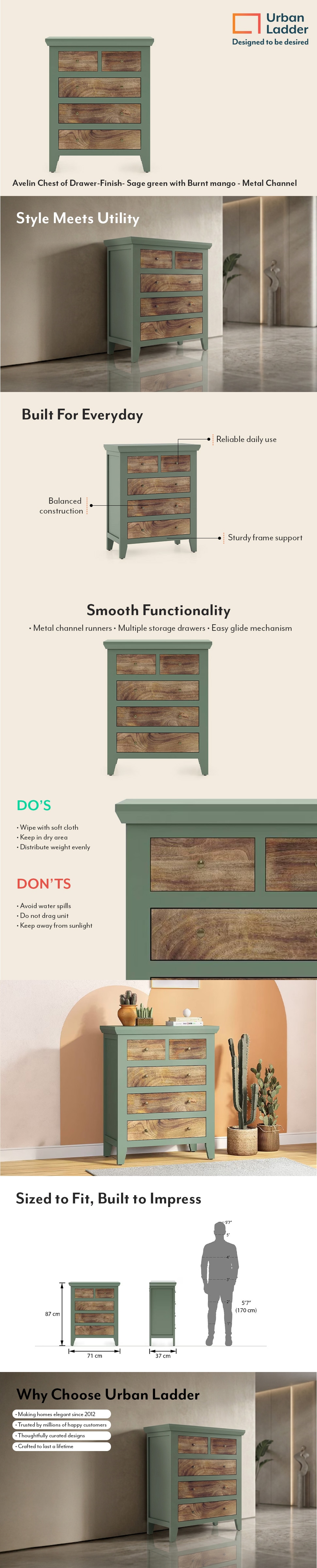 Avelin Chest of Drawer-Finish- Sage green with Burnt mango - Metal Channel