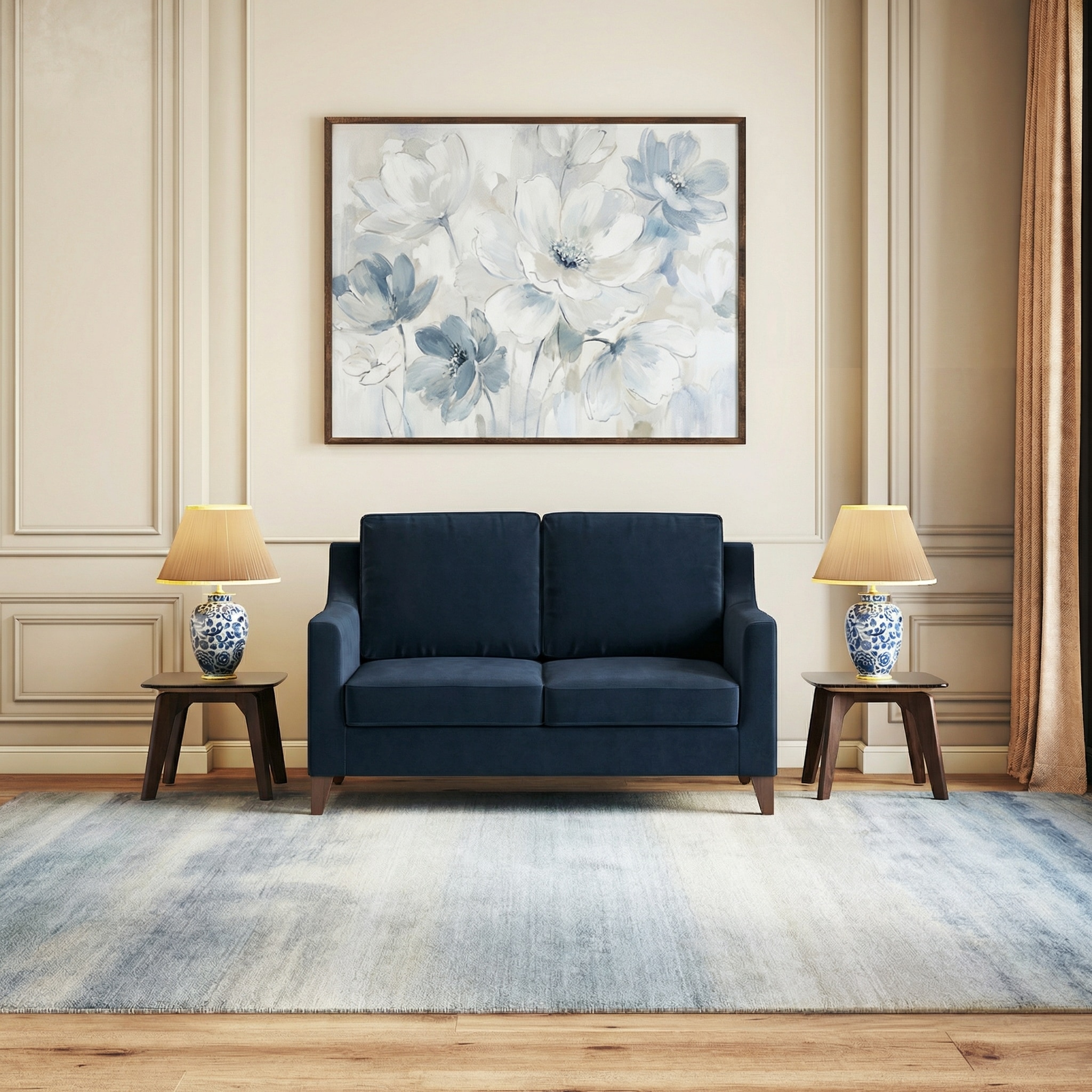 Abbey Sofa Set (Colour : Sea Port Blue Velvet, Cushion : Soft, Seater : 2+1+1)