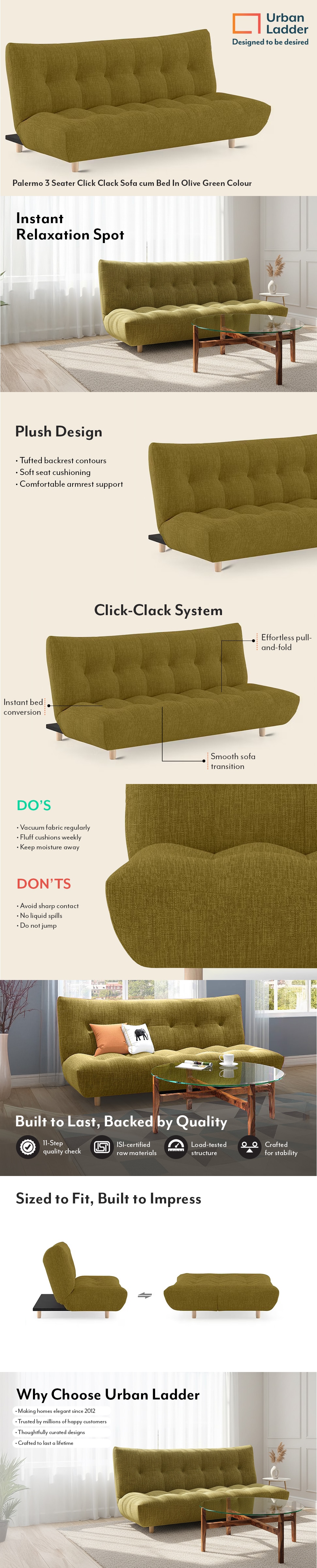 Palermo 3 Seater Click Clack Sofa cum Bed In Olive Green Colour