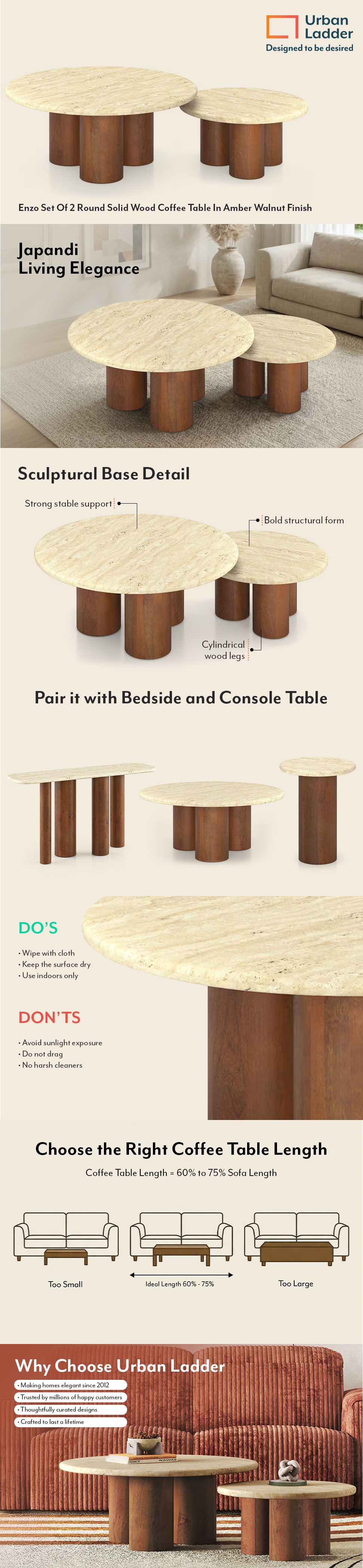 Enzo Set Of 2 Round Solid Wood Coffee Table In Amber Walnut Finish