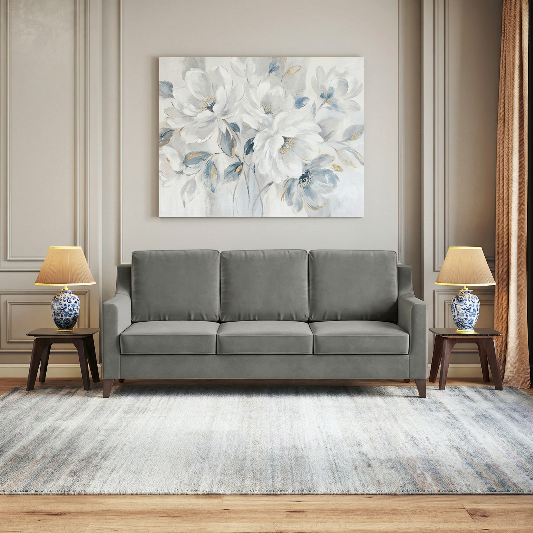 Abbey Sofa Set (Colour : Ash Grey Velvet, Cushion : Soft, Seater : 3+1+1)