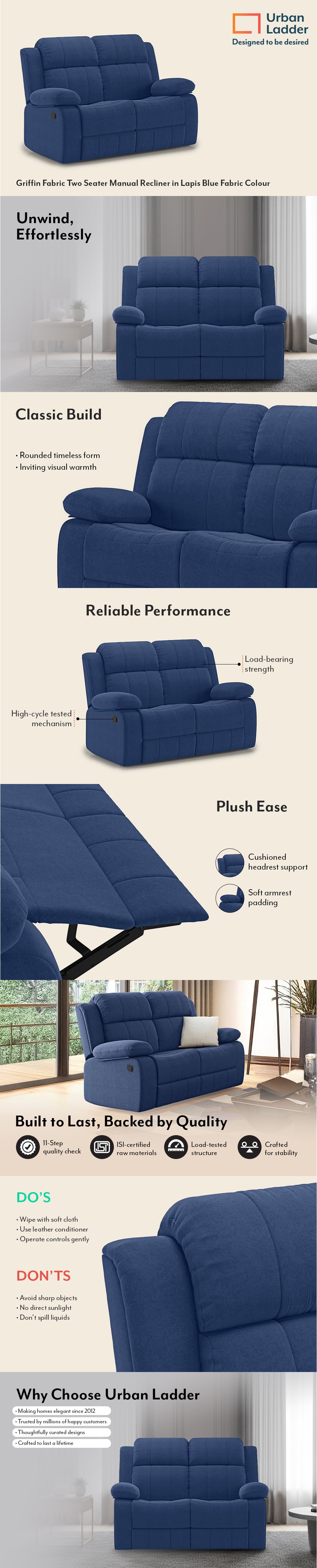 Griffin Fabric Two Seater Manual Recliner in Lapis Blue Fabric Colour
