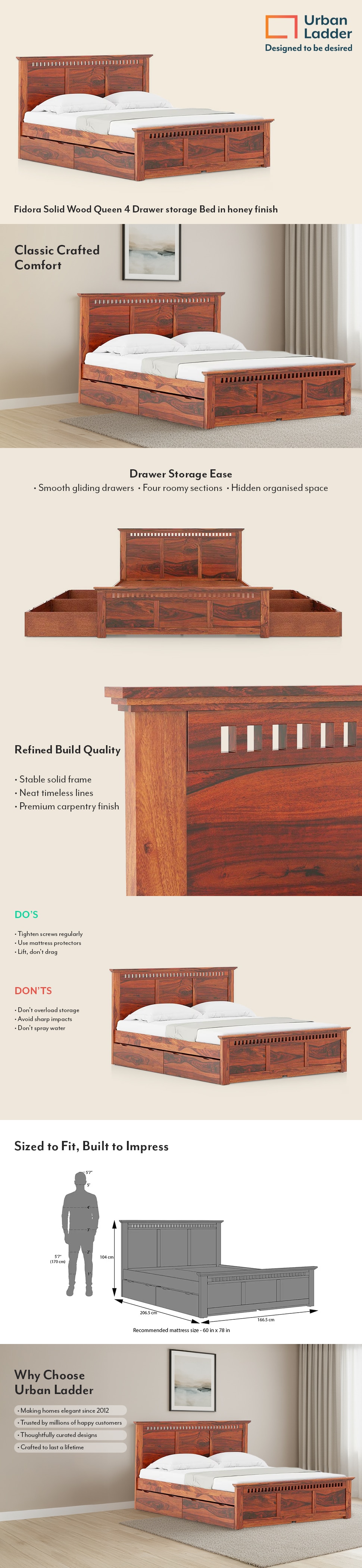 Fidora Solid Wood Queen Size Bed With Drawer Storage (Honey Finish)