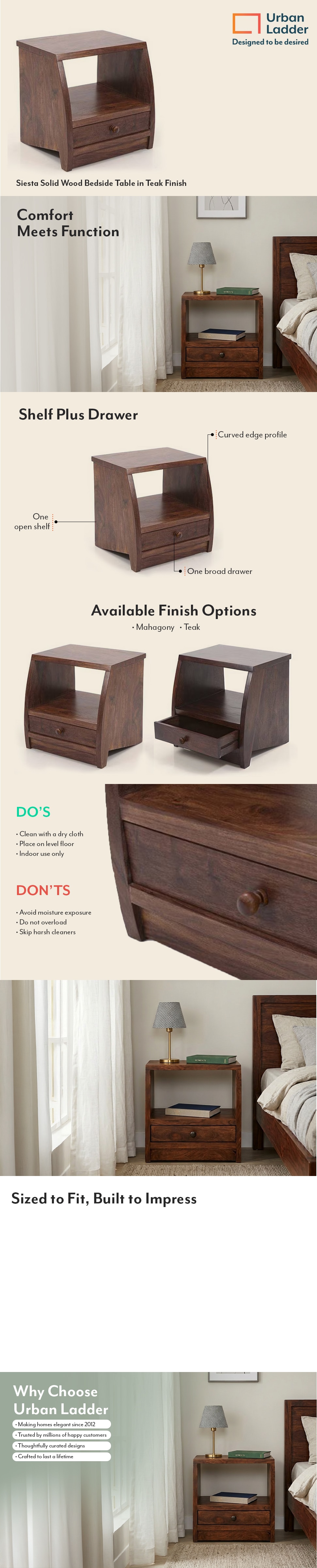 Siesta Solid Wood Bedside Table in Teak Finish