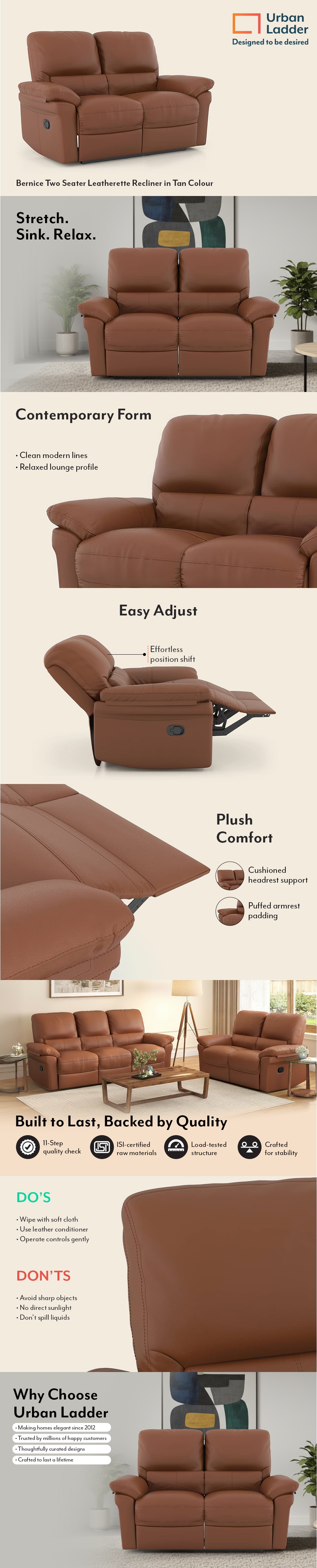 Bernice Two Seater Leatherette Manual Recliner in Tan Colour