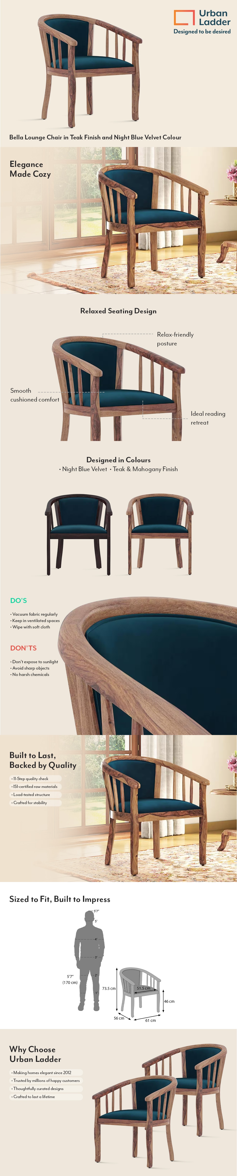 Bella Solid Wood Lounge Chair in Teak Finish and Night Blue Velvet Colour
