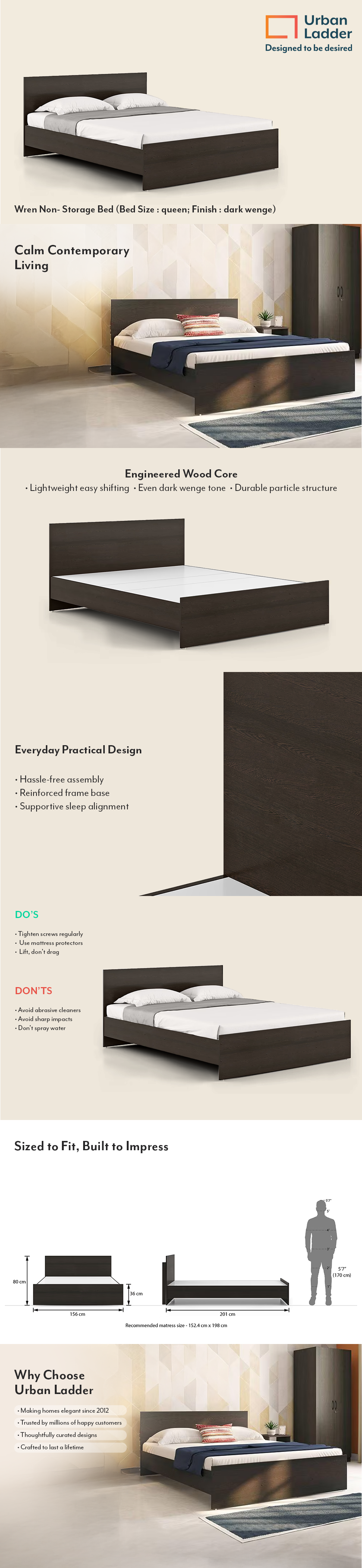 Wren Engineered Wood Queen Size Bed Without Storage (Dark Wenge Finish, Brown Colour)