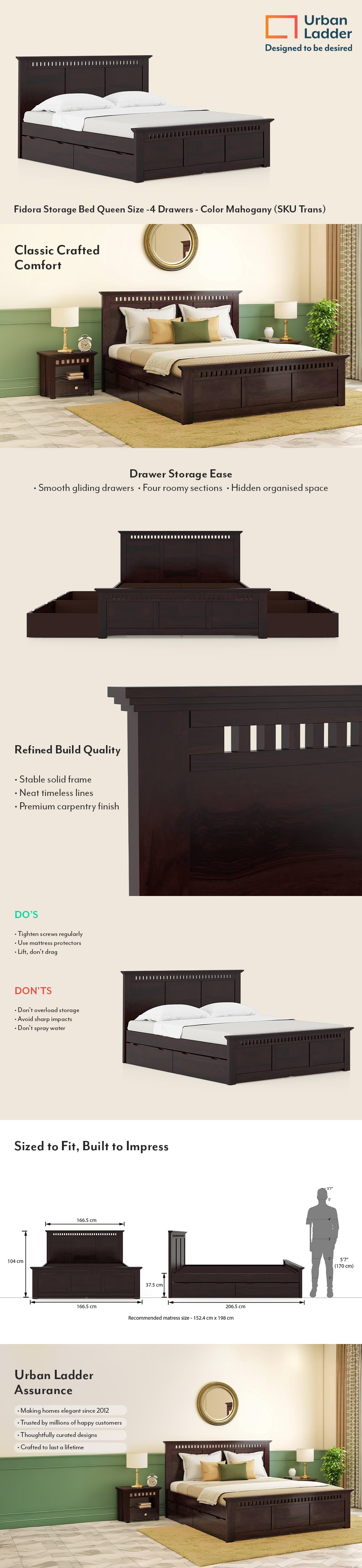 Fidora Solid Wood Queen Size Bed With Drawer Storage (Mahogany Finish)