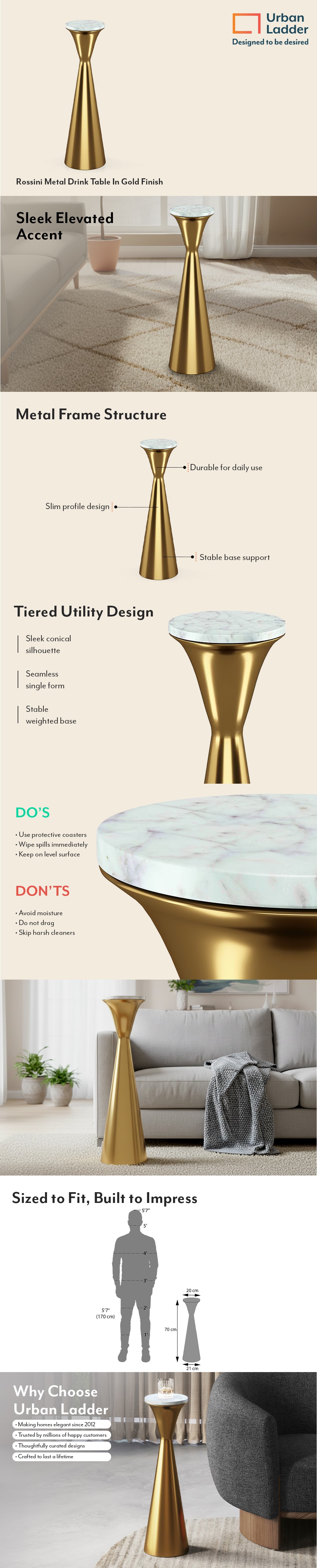 Rossini Metal Drink Table In Gold Finish