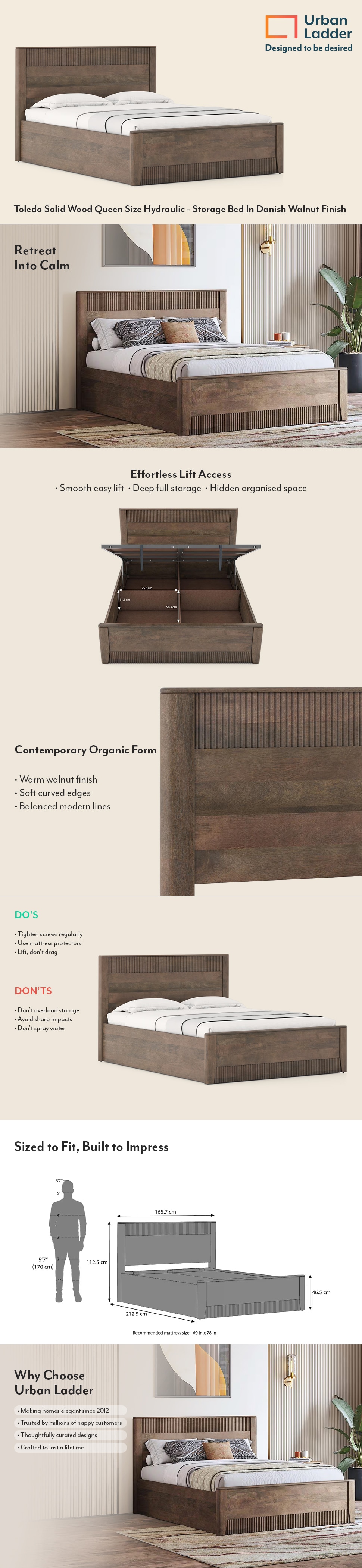 Toledo Solid Wood Queen Size Bed With Hydraulic Storage (Danish Walnut Finish)