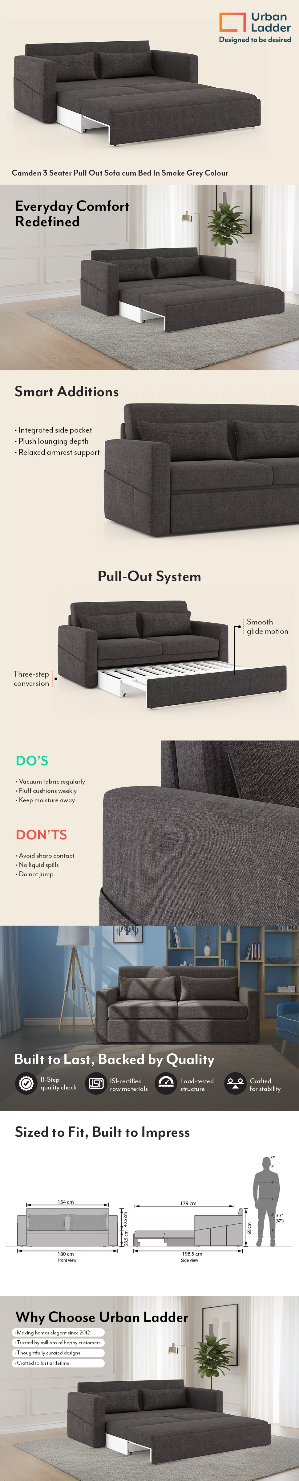 Camden 3 Seater Pull Out Sofa cum Bed In Smoke Grey Colour