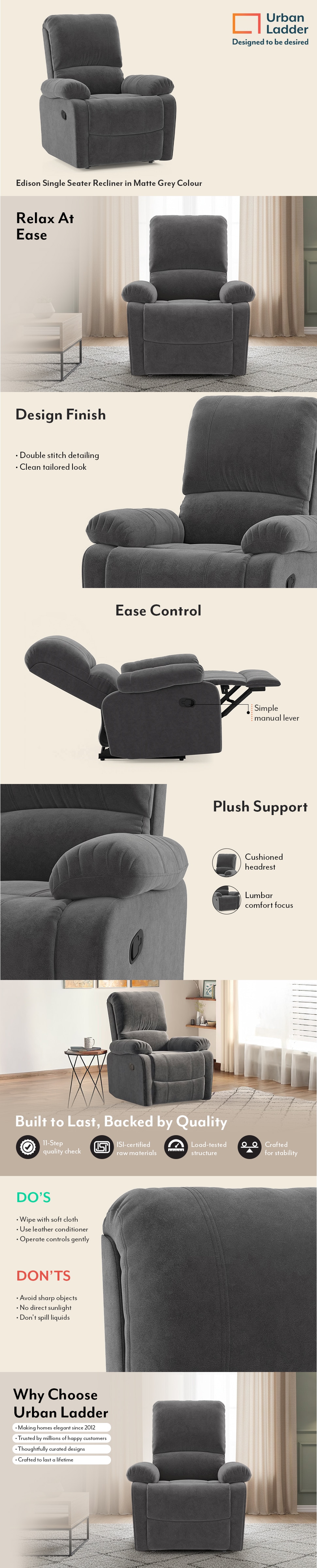 Edison Single Seater Recliner in Matte Grey Colour