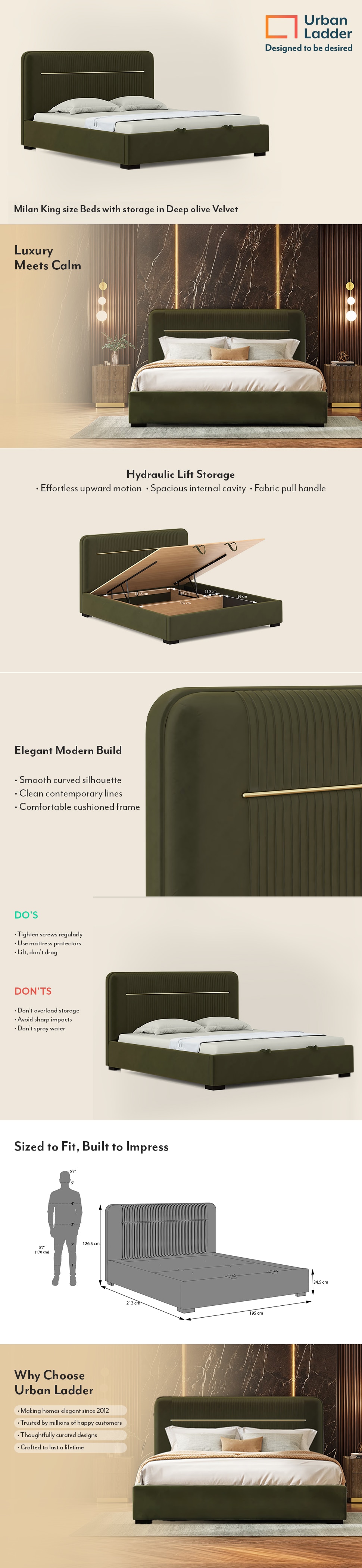 Milan Engineered Wood King Size Bed With Hydraulic Storage (Deep Olive Velvet Colour)