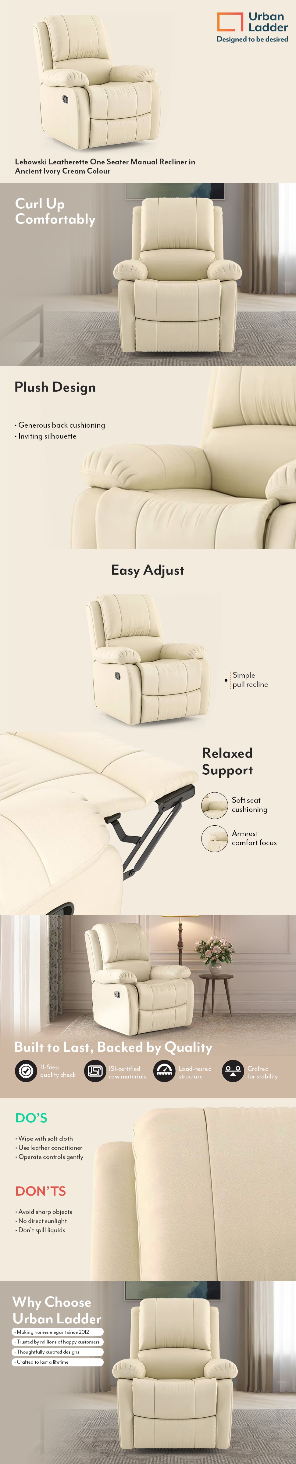 Lebowski Leatherette One Seater Manual Recliner in Ancient Ivory Cream Colour