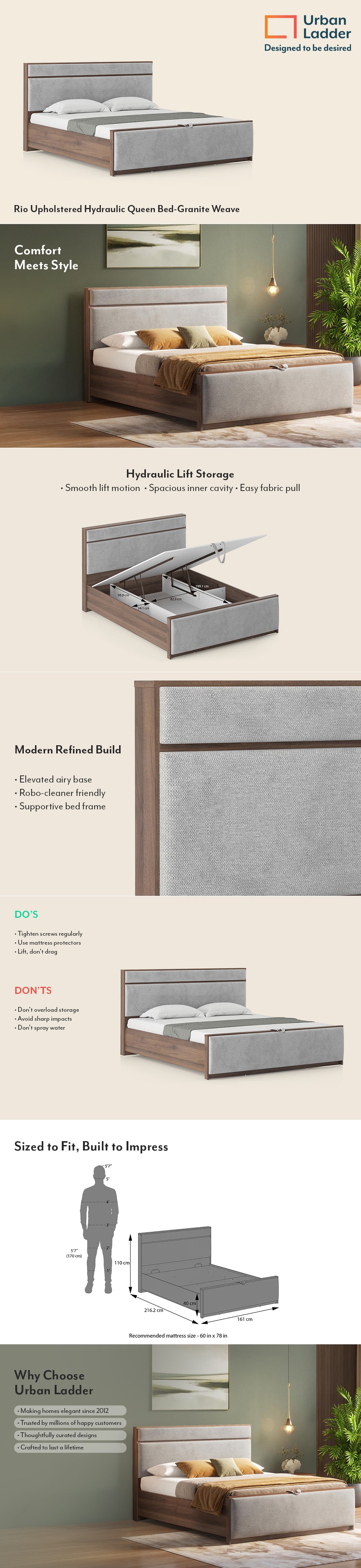 Rio Engineered Wood Queen Size Bed With Hydraulic Storage (Granite Weave Colour)