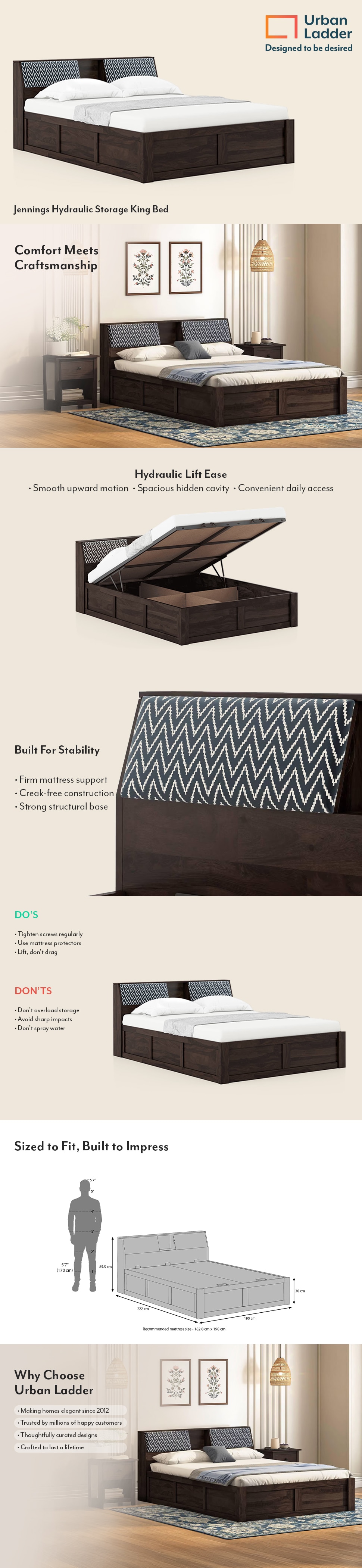 Jennings Solid Wood King Size Bed With Hydraulic Storage (American Walnut Finish)