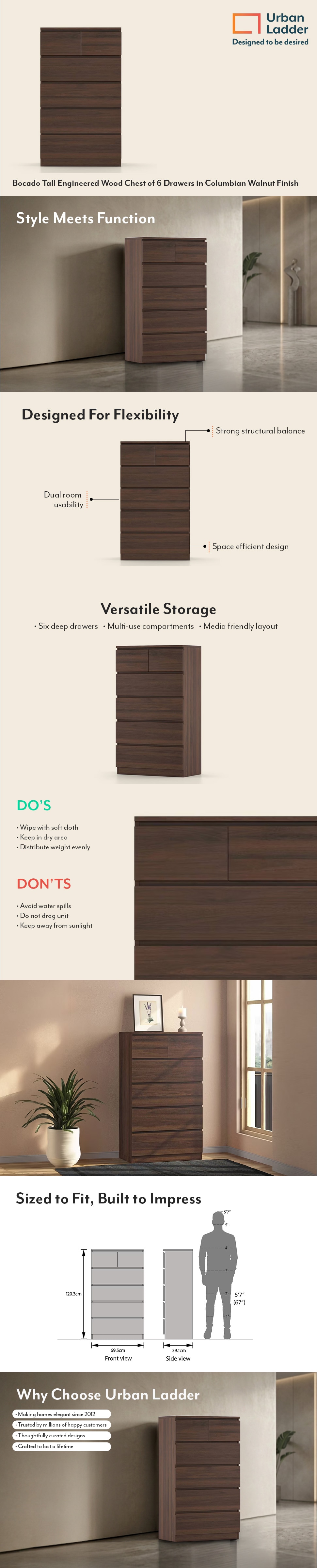 Bocado Tall Engineered Wood Chest of 6 Drawers in Columbian Walnut Finish
