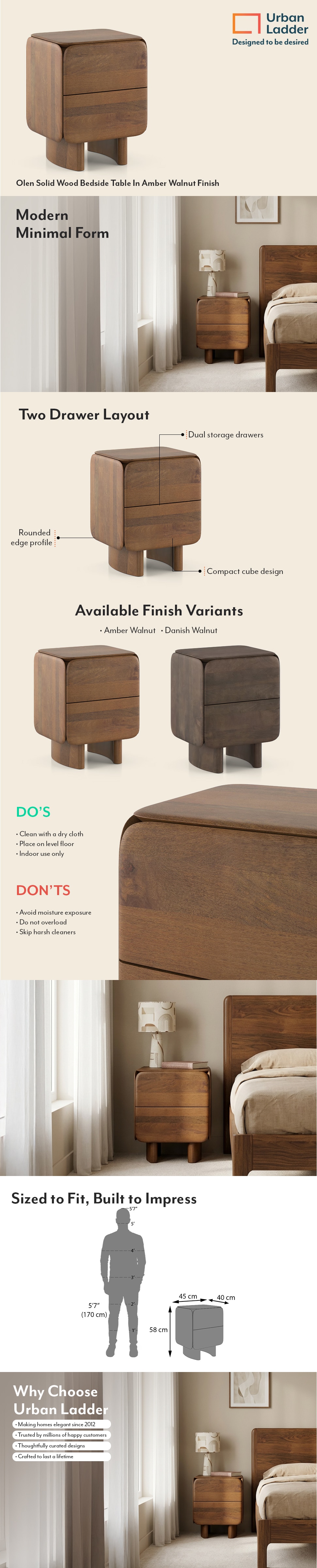Olen Solid Wood Bedside Table In Amber Walnut Finish