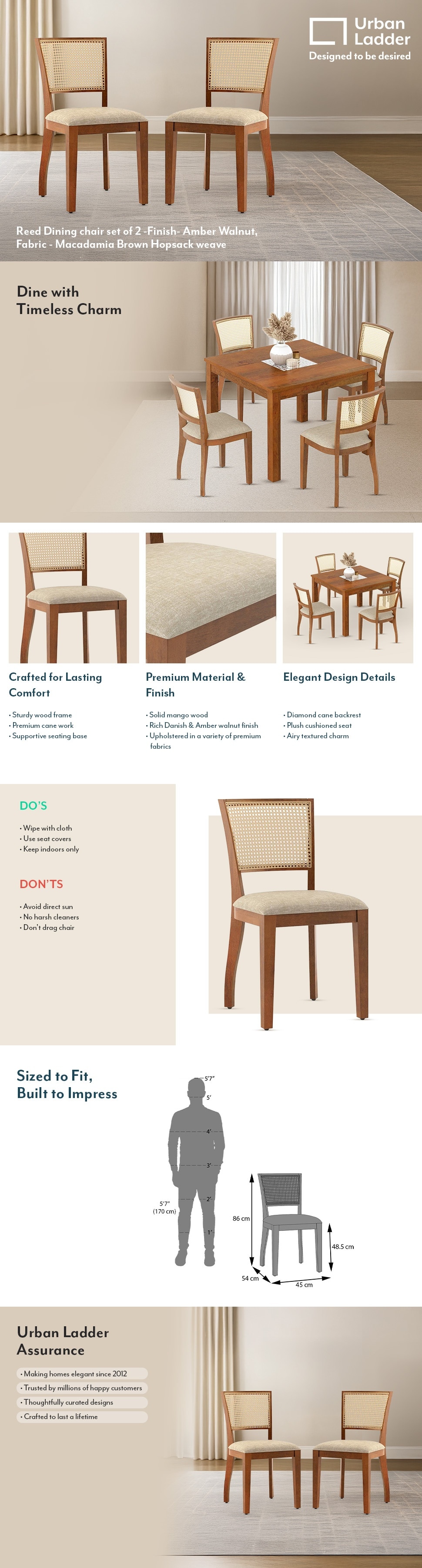 Reed Solid Wood Dining Chair in Amber Walnut Finish &amp; Macadamia Brown Hopsack weave Colour - Set of 2