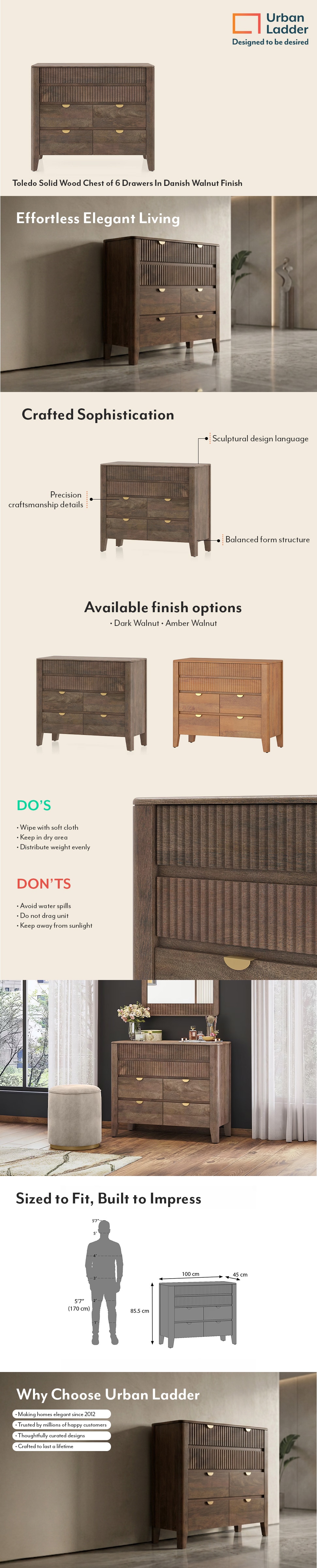 Toledo Solid Wood Chest of 6 Drawers In Danish Walnut Finish