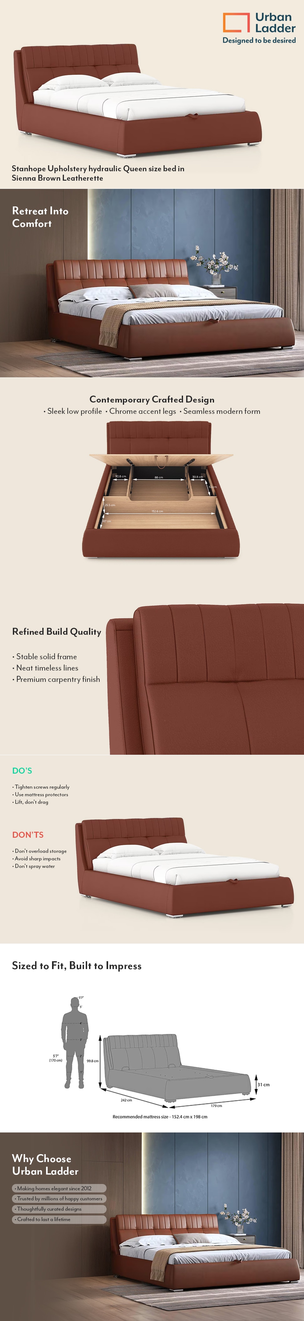 Stanhope Engineered Wood Queen Size Bed With Hydraulic Storage (Brown Finish, Sienna Brown Colour)