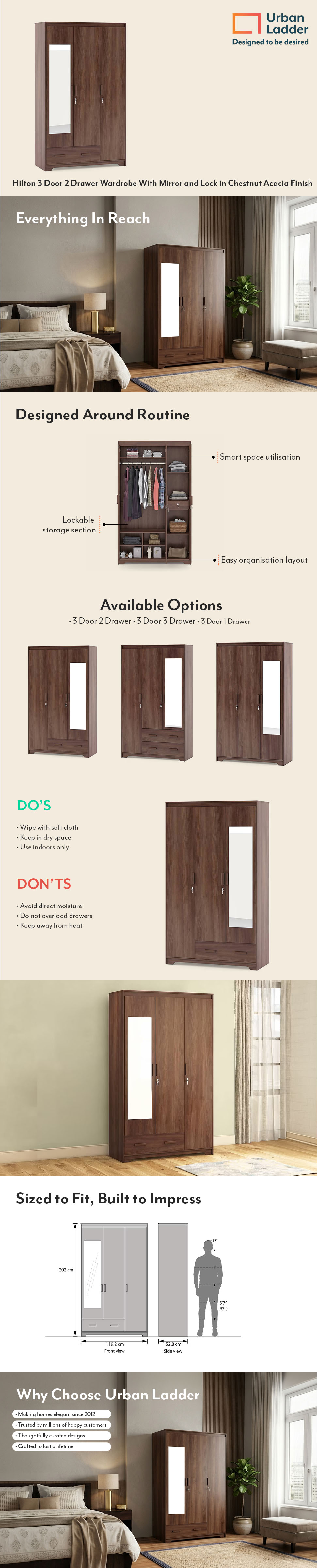 Hilton 3 Door 2 Drawer Wardrobe With Mirror and Lock in Chestnut Acacia Finish