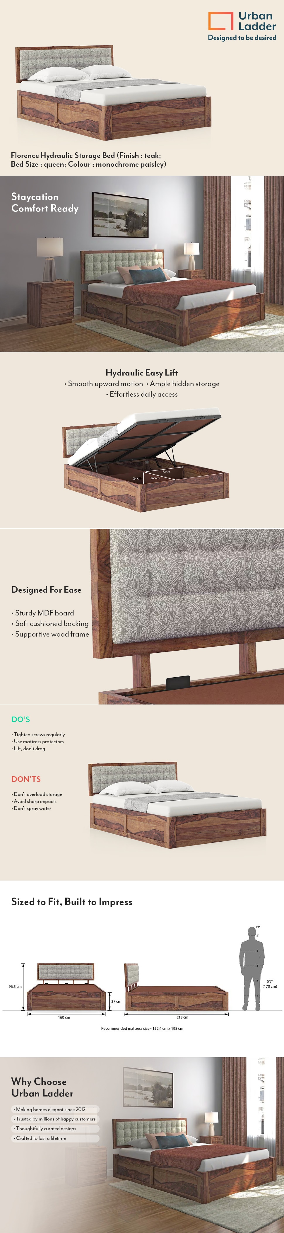 Florence Solid Wood Queen Size Bed With Hydraulic Storage (Teak Finish)