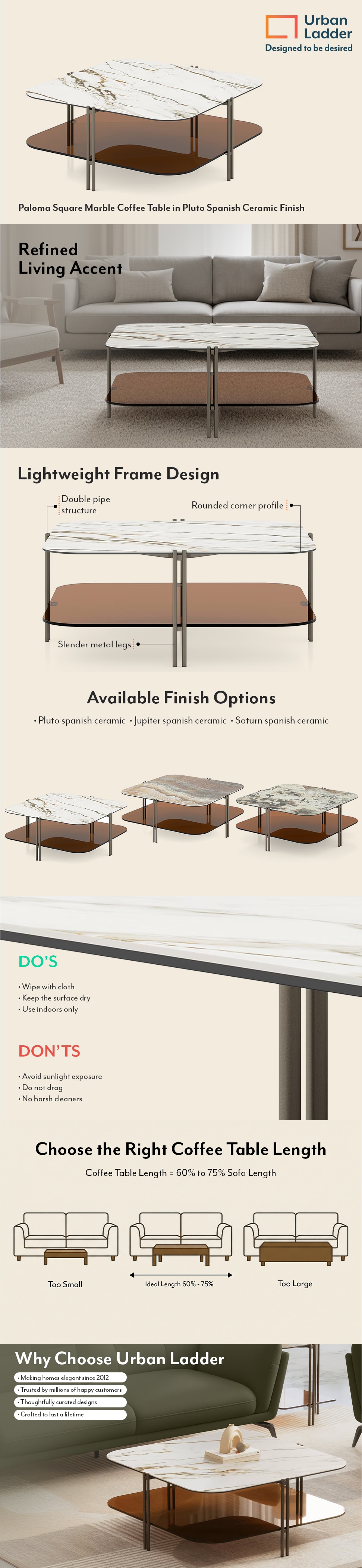 Paloma Square Marble Coffee Table in Pluto Spanish Ceramic Finish