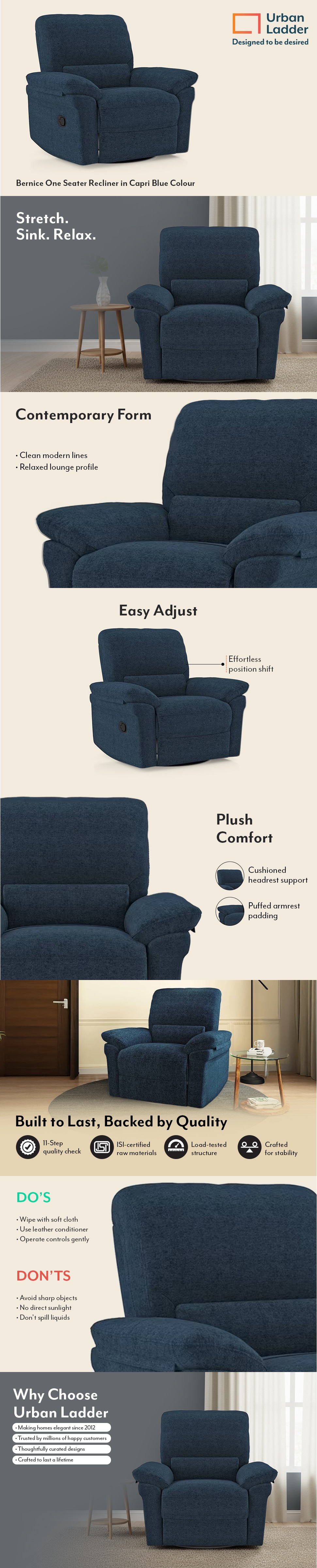 Bernice One Seater Manual Recliner in Capri Blue Colour