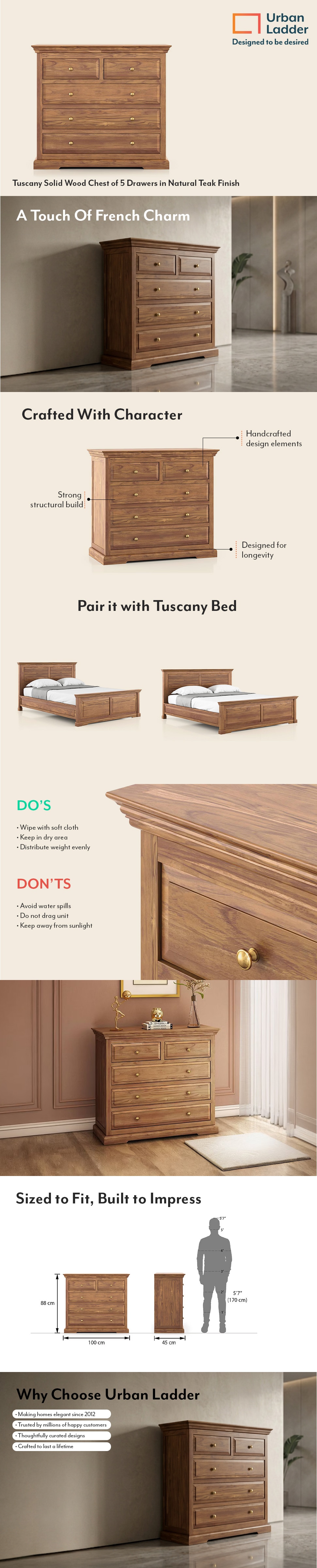Tuscany Solid Wood Chest of 5 Drawers in Natural Teak Finish