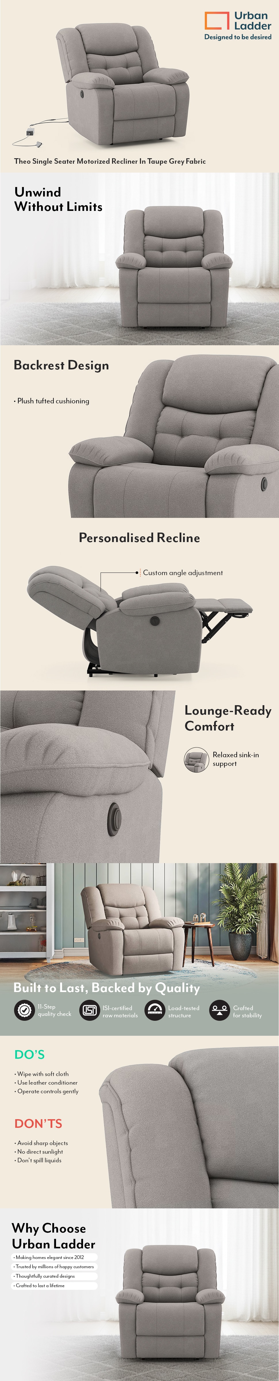Theo Single Seater Motorized Recliner In Taupe Grey Fabric