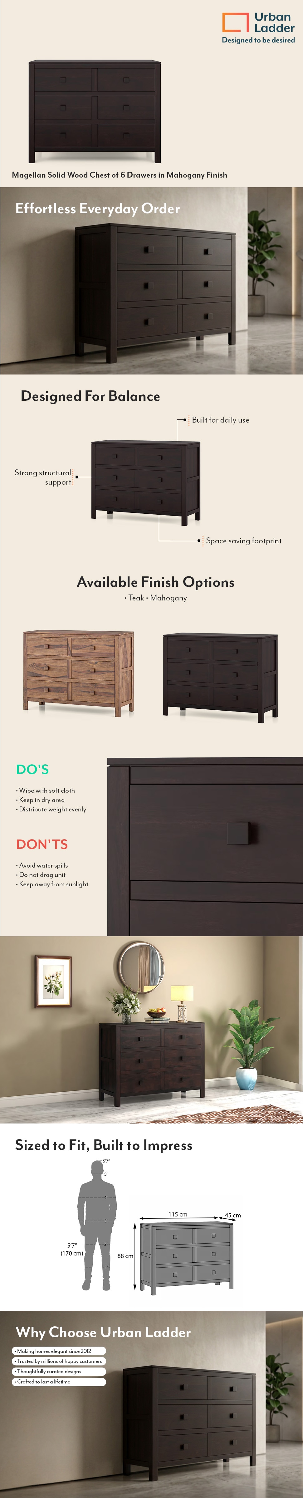 Magellan Solid Wood Chest of 6 Drawers in Mahogany Finish