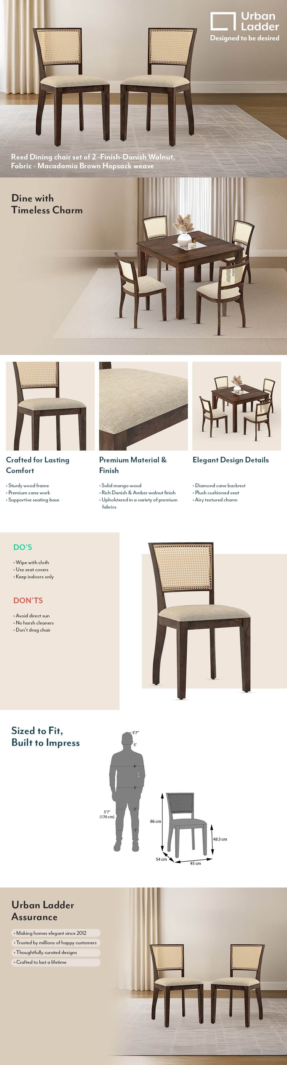 reed Solid Wood Dining Chair in Danish Walnut Finish &amp; Macadamia Brown Hopsack weave Colour - Set of 2