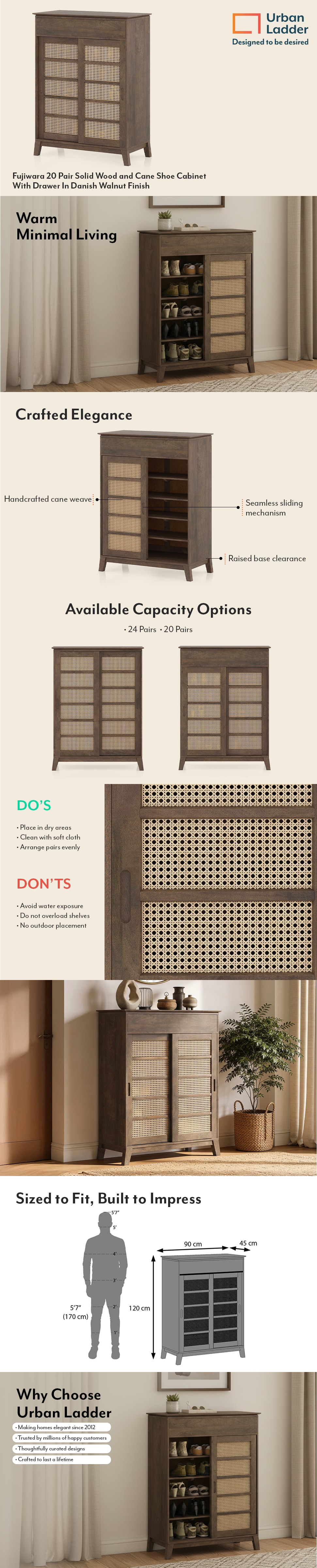 Fujiwara 20 Pair Solid Wood and Cane Shoe Cabinet With Drawer In Danish Walnut Finish