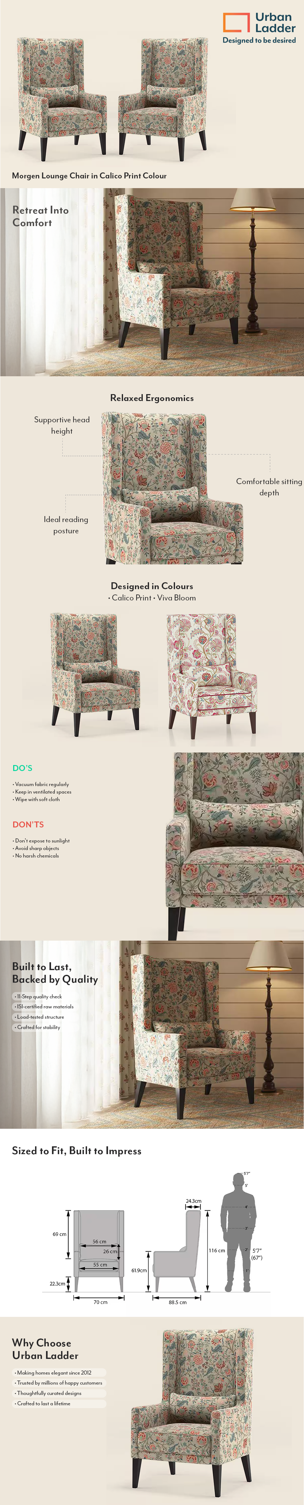 Morgen Solid Wood Lounge Chair in Calico Print Colour