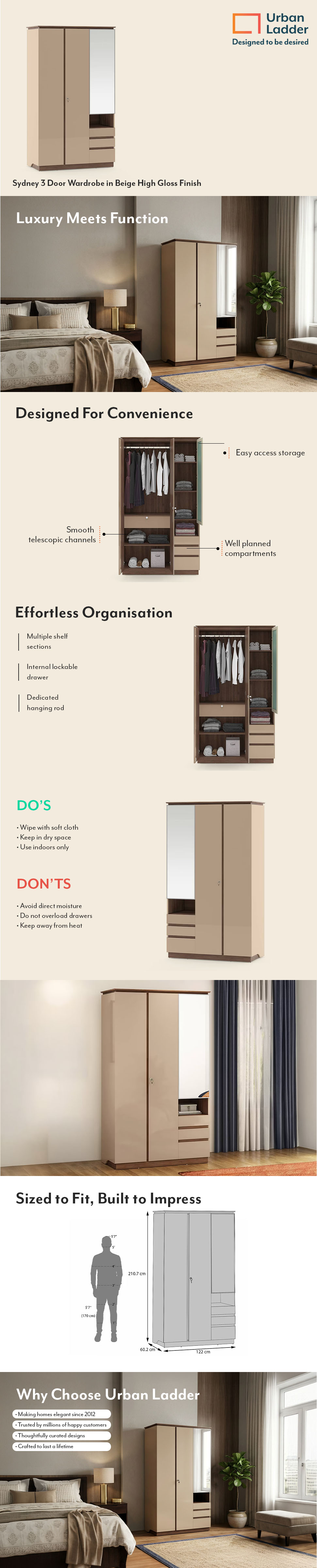 Sydney 3 Door Wardrobe in Beige High Gloss Finish