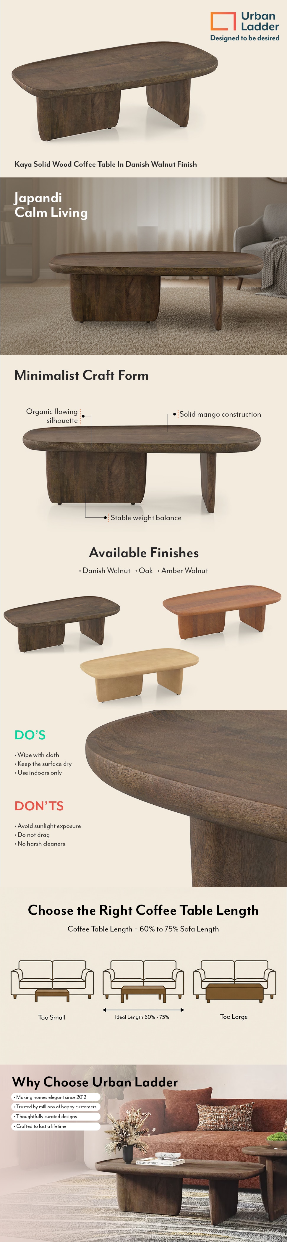 Kaya Solid Wood Coffee Table In Danish Walnut Finish