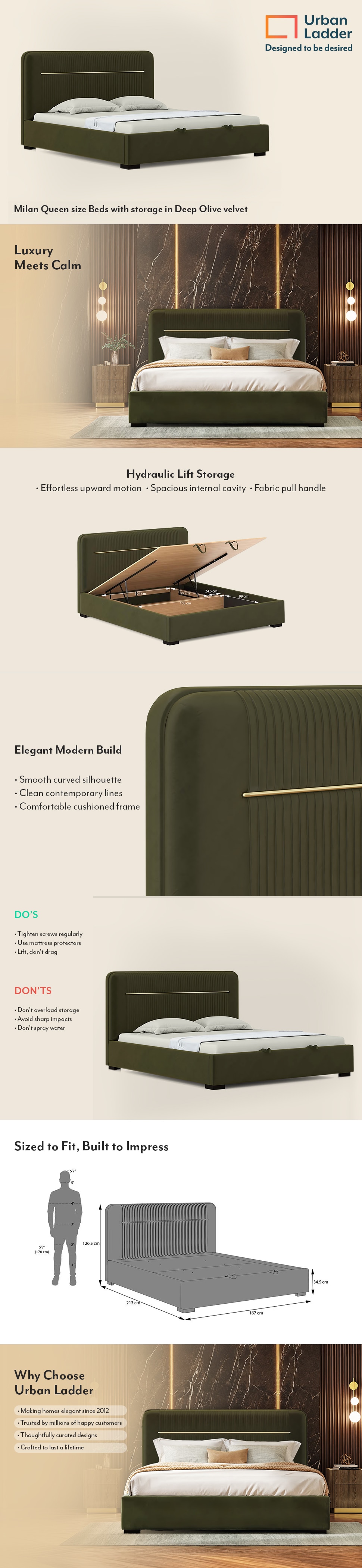 Milan Engineered Wood Queen Size Bed With Hydraulic Storage (Deep Olive Velvet Colour)