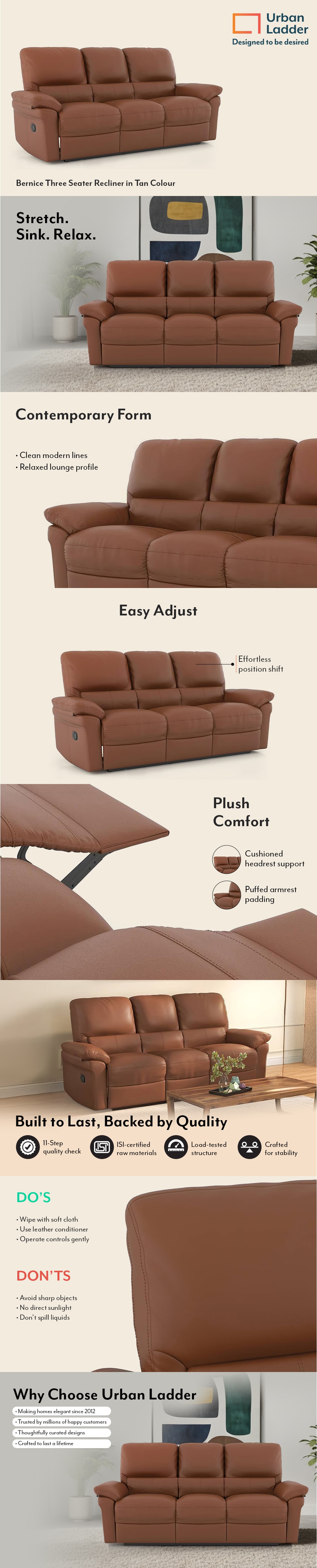 Bernice Three Seater Leatherette Manual Recliner in Tan Colour