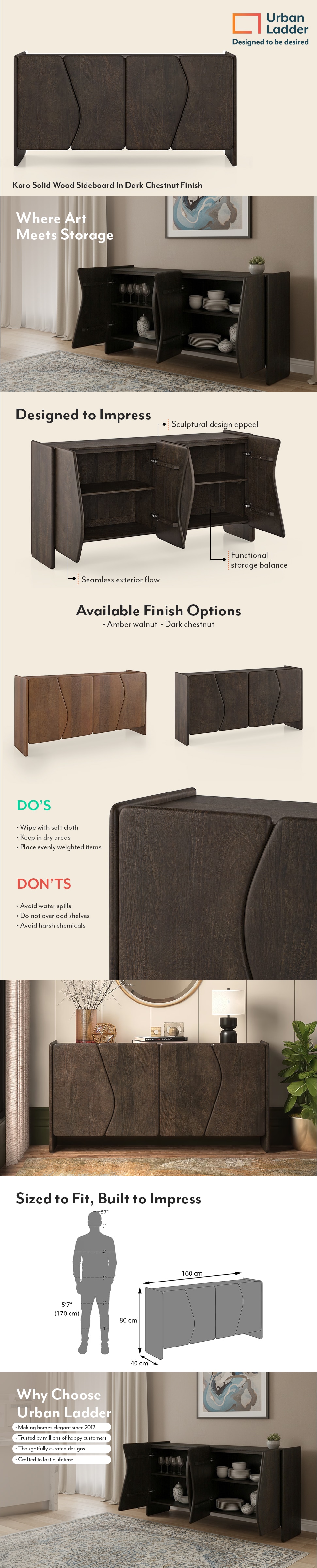 Koro Solid Wood Sideboard In Dark Chestnut Finish