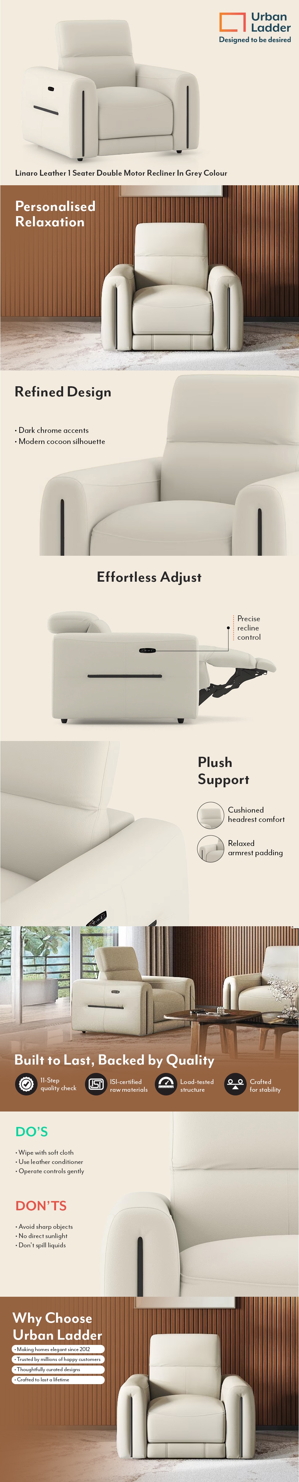 Linaro Leather One Seater Double Motor Recliner In Grey Colour
