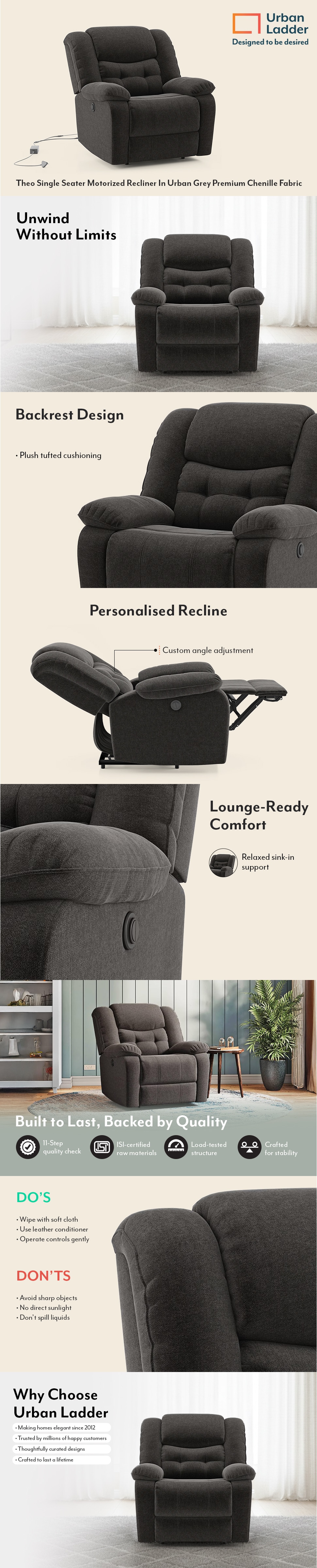 Theo Single Seater Motorized Recliner In Urban Grey Premium Chenille Fabric