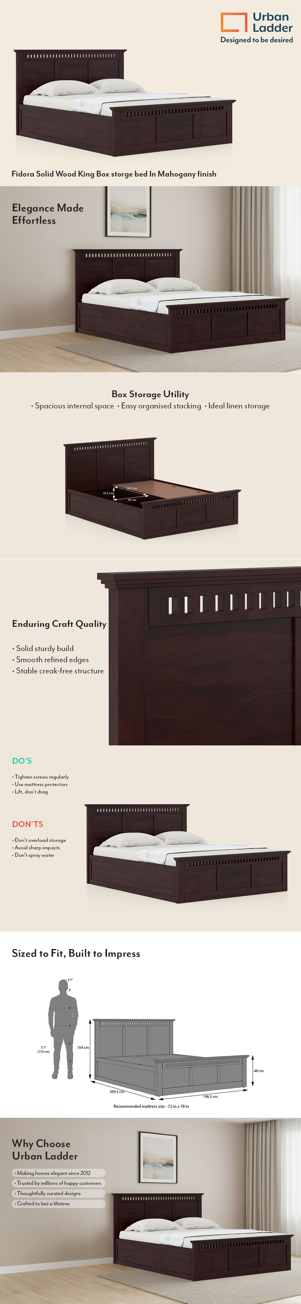 Fidora Solid Wood King Size Bed With Box Storage (Mahogany Finish)