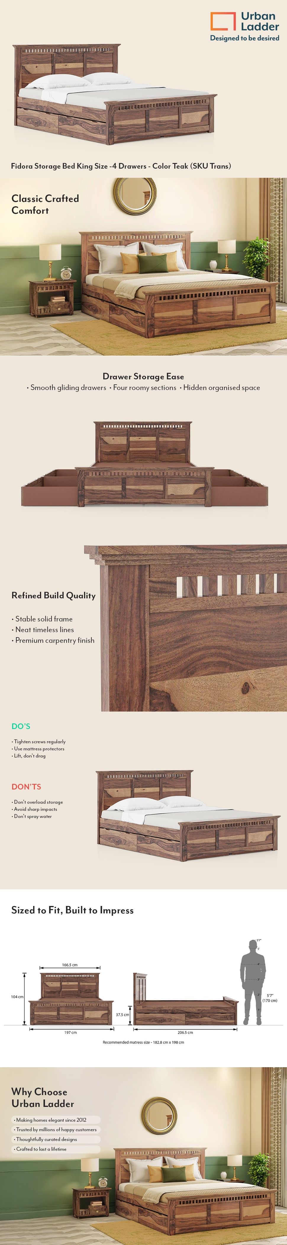 Fidora Solid Wood King Size Bed With Drawer Storage (Teak Finish)