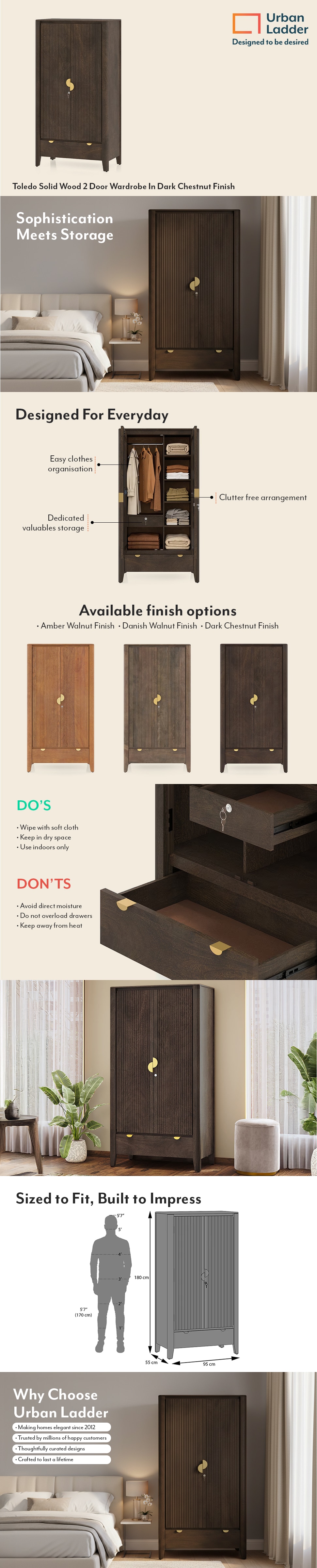 Toledo Solid Wood 2 Door Wardrobe In Dark Chestnut Finish