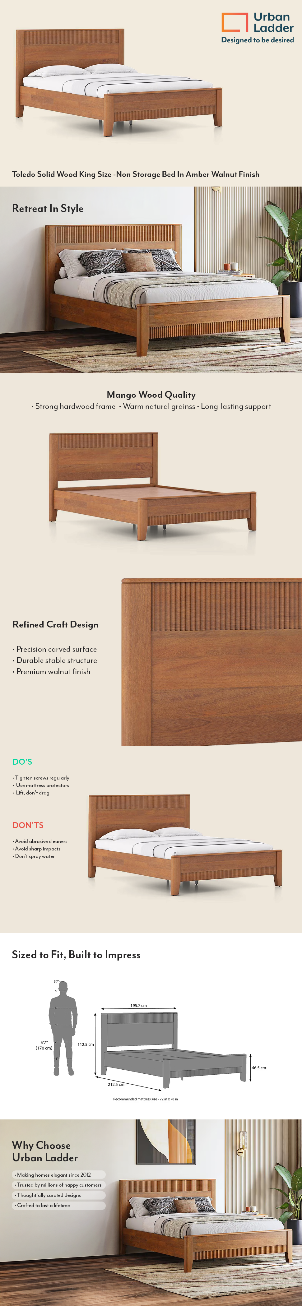 Toledo Solid Wood King Size Bed Without Storage (Amber Walnut Finish)